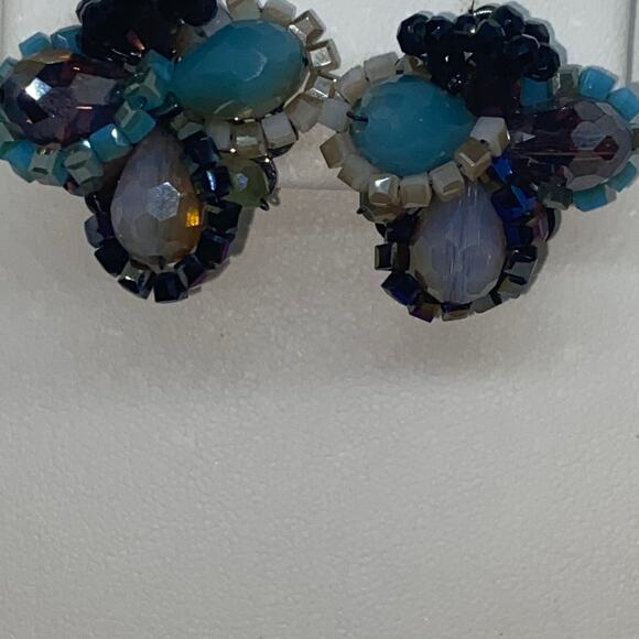 Multi-tone Blue Beaded Rhinestone Earrings - Picture 3 of 6